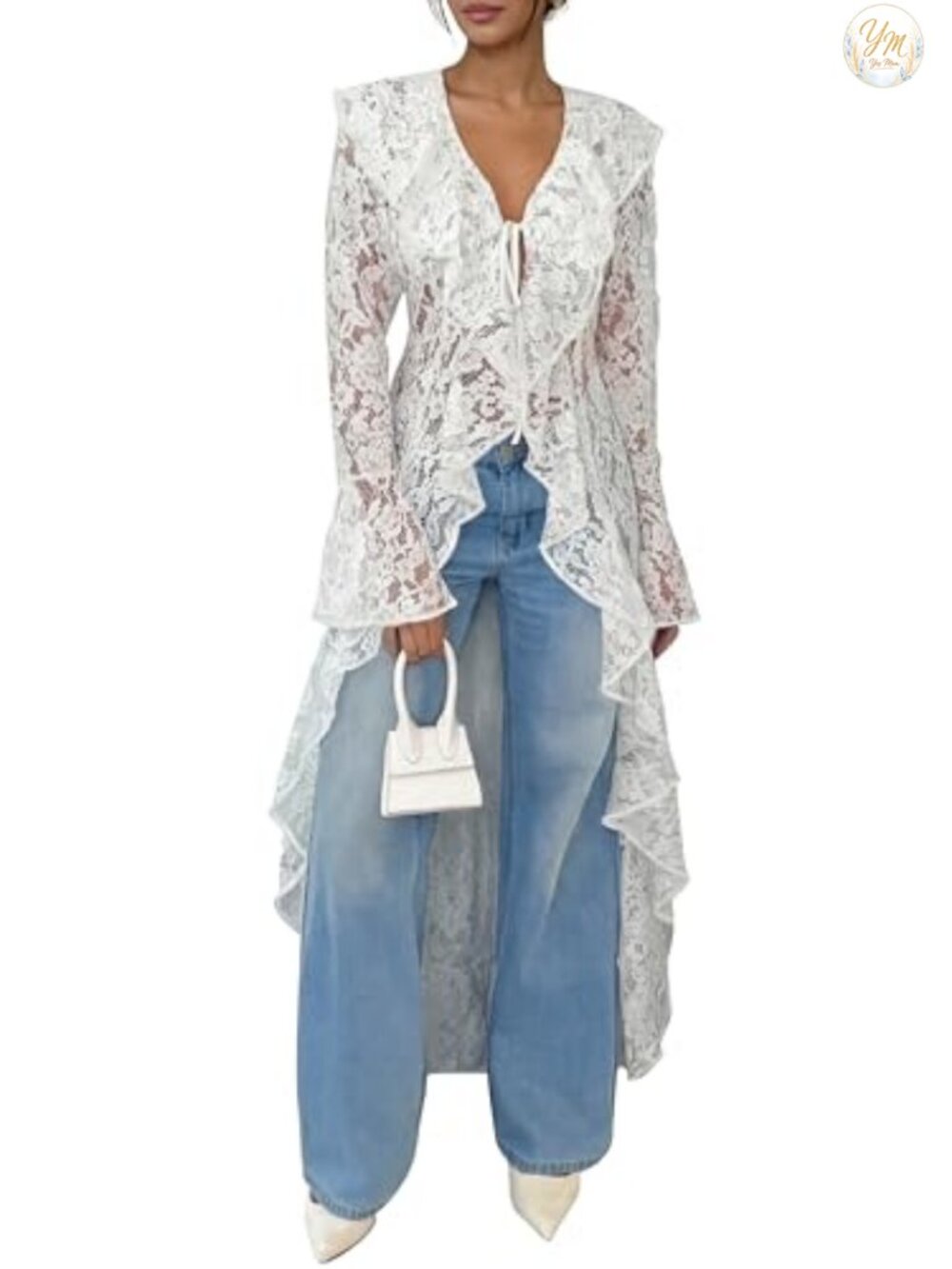 Lace Cardigan Women Maxi Summer Lightweight Open Front Tie Bell Long Sleeve